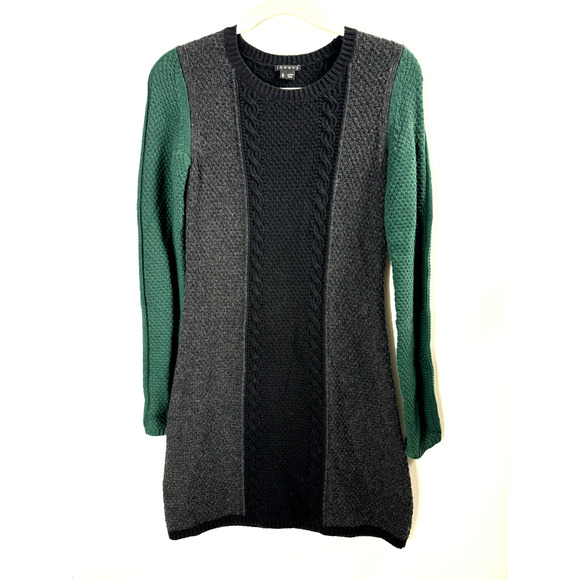 Theory 100% Wool Colorblock Green Cable Knit Holiday Party Office Sweater Dress - Picture 1 of 6